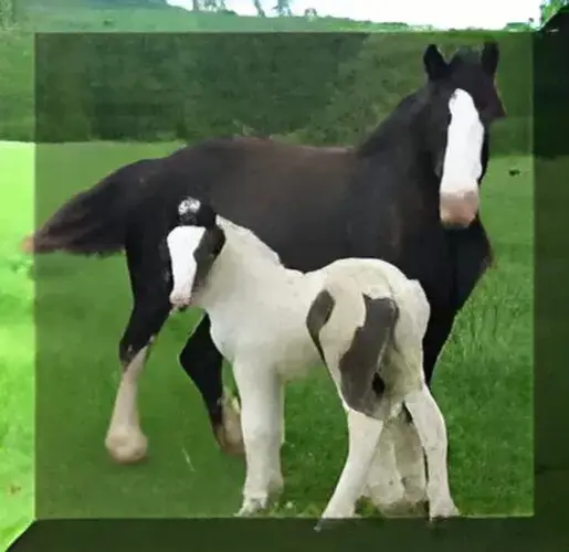 A horse and its foal standing in the grass.