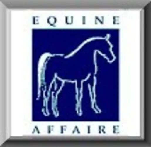 A blue and white square with the words equine affaire written in it.