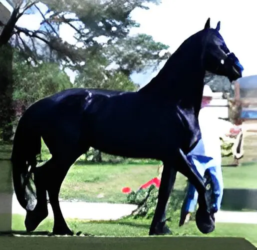 A black horse standing in the grass next to a person.