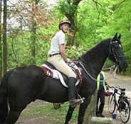 A person wearing a safari hat and beige riding attire sits on a large black horse in a wooded area, with another person and bicycles visible in the background.