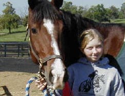 A young girl stands next to a brown horse with a white blaze on its face, holding the horse's lead rope. They are outside in a paddock with trees and a fence in the background.