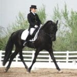 A person in formal equestrian attire rides a black horse in an outdoor dressage arena under a cloudy sky.