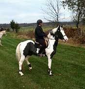 A person wearing a helmet rides a black and white horse on a grassy field with trees and another rider in the background.