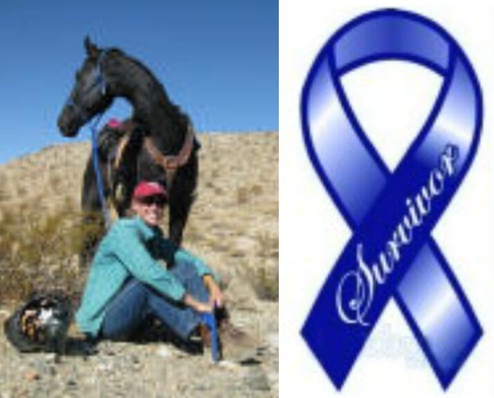 A person sits on the ground in an outdoor setting near a black horse. Next to this scene is an image of a blue ribbon with the word "Survivor" written on it.