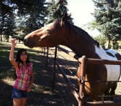 A girl wearing a pink plaid shirt and shorts raises her arm while standing next to a brown and white horse behind a fence in a grassy area with trees in the background.