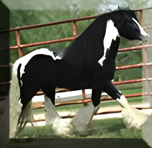 A black and white horse with a flowing mane walks in an enclosed area with a metal fence in the background.